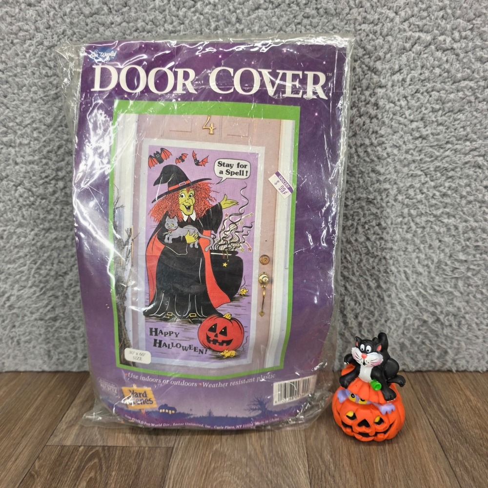 Vintage Halloween Witch Door Cover 30x60 Fun World Cat Pumpkin Figure‎